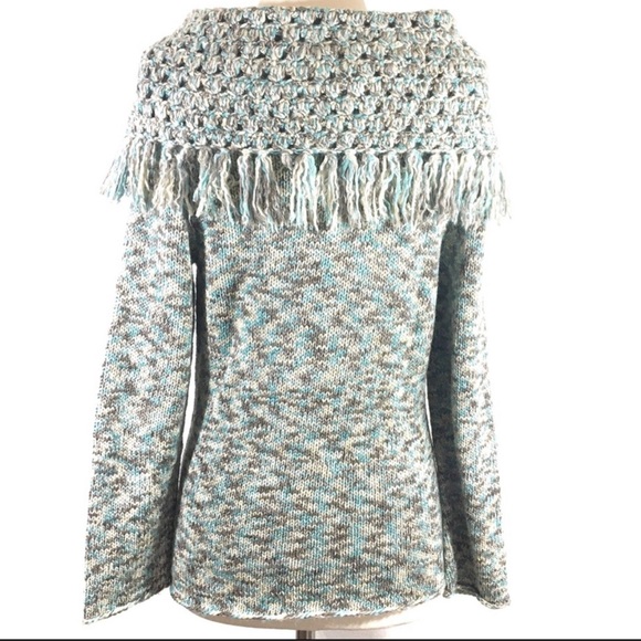 •SPANNER•NWOT TEAL/TAN/OATMEAL COWLNECK SHAWL FRINGE KNIT SWEATER SIZE MEDIUM - Picture 3 of 10